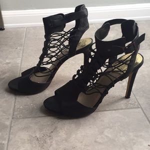 Vince Camuto black open toe pump with laceup sides